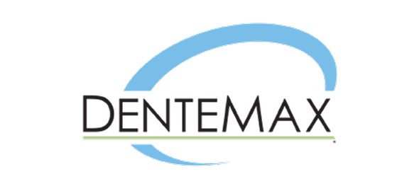 Dentemax logo with blue curved design element above text wordmark.