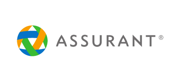 Assurant logo featuring colorful circular design with registered trademark symbol and gray text.