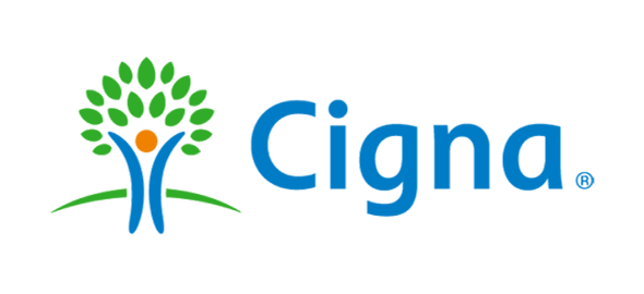 Cigna insurance logo featuring stylized tree and person figure in blue and green.