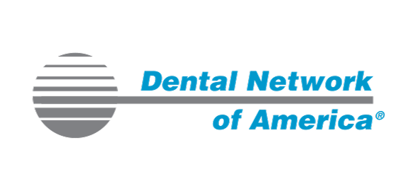 Dental Network of America logo with gray circular lines and blue text.