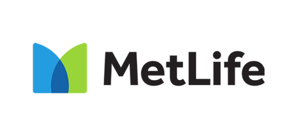 MetLife logo featuring blue and green geometric shapes with company name in bold text.